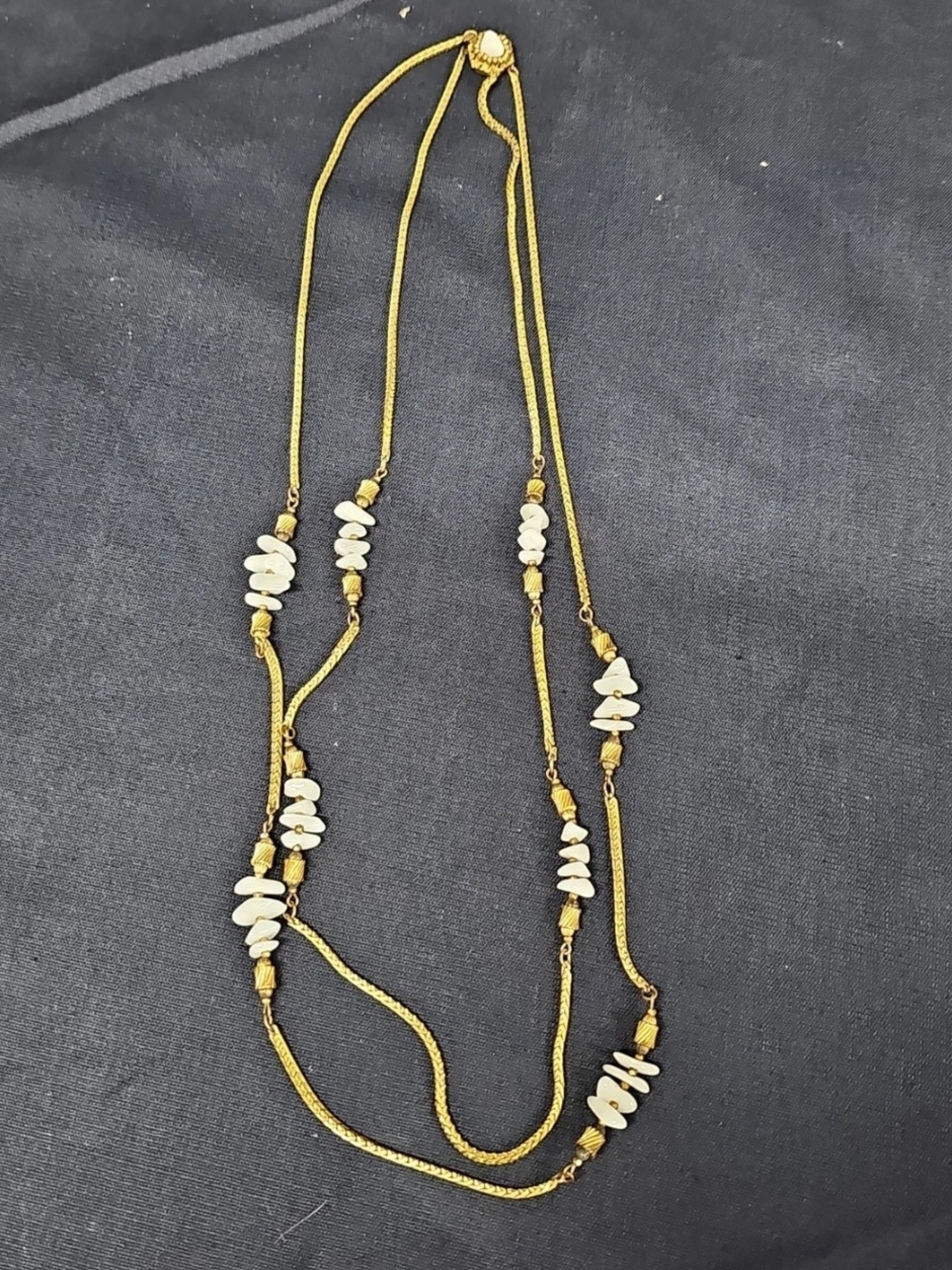 Vintage 1970s Miriam Haskell Double Strand Gold Herringbone Shell Necklace 26"